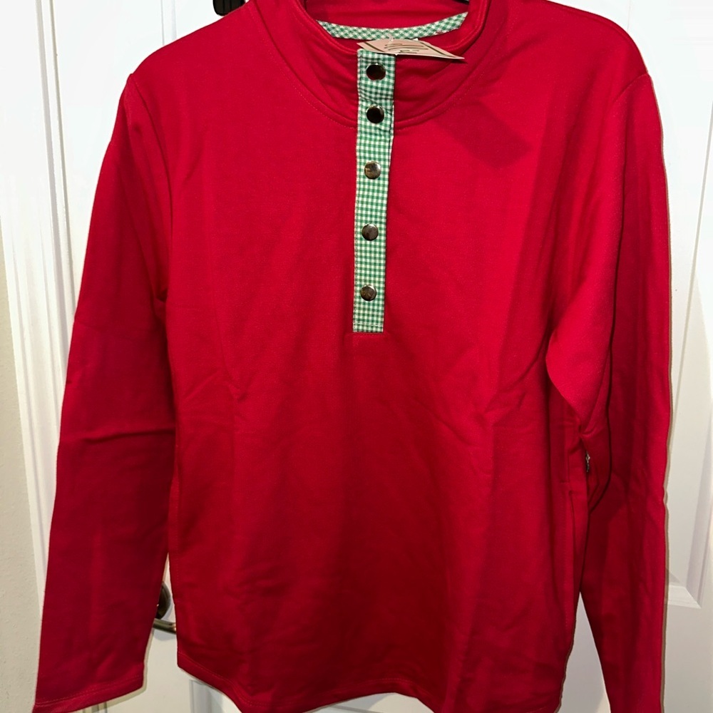 Ellie Crewneck Red with Button Accent - Patch Elbow and Pockets